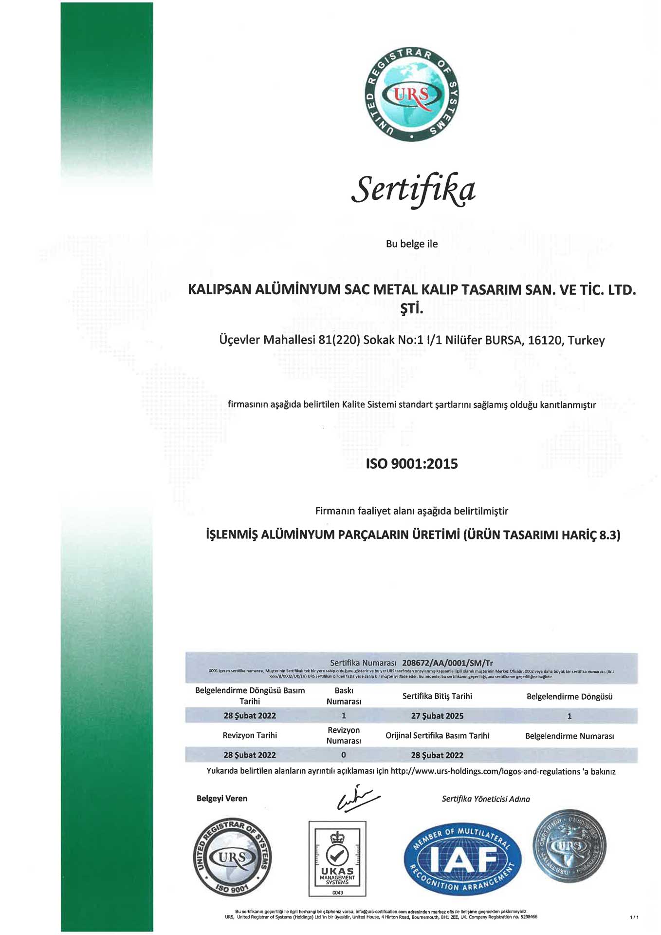 ISO 9001 Kalite Sertifikası